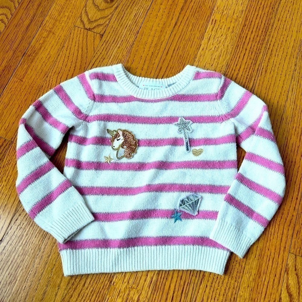 The Children’s Place Girls 2T Striped Sparkle Unicorn Sweater